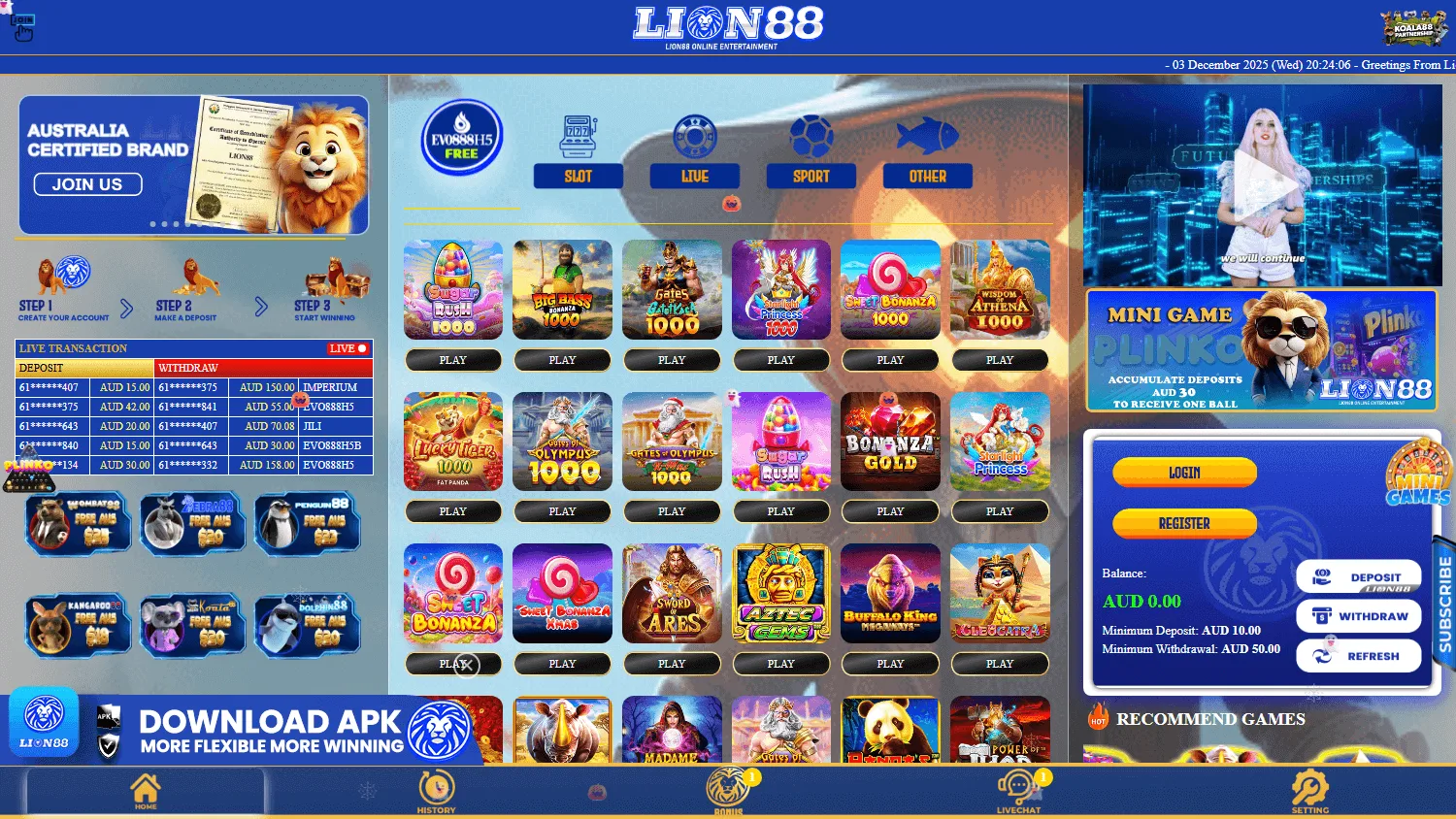 Lion88 Casino desktop homepage